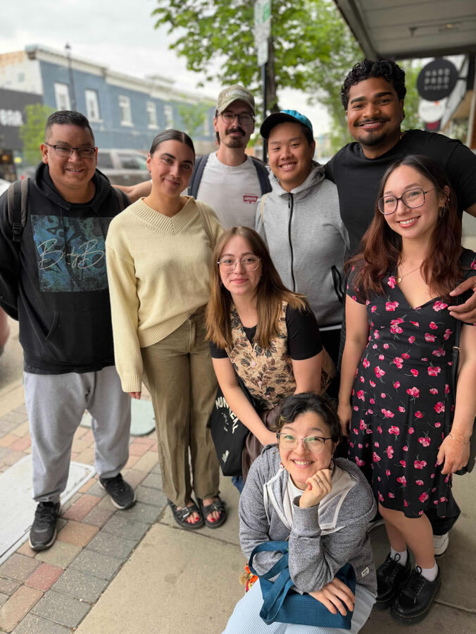 Mural artists and facilitators: from left to right Brody Burns (artist), Versaille Rizos (The 525 exhibition and program coordinator), Nic Paradis (artist), Hermes Chung (Riversdale Chinatown coordinator), Jorges Garces, Azul González (artist), Jamie Meril